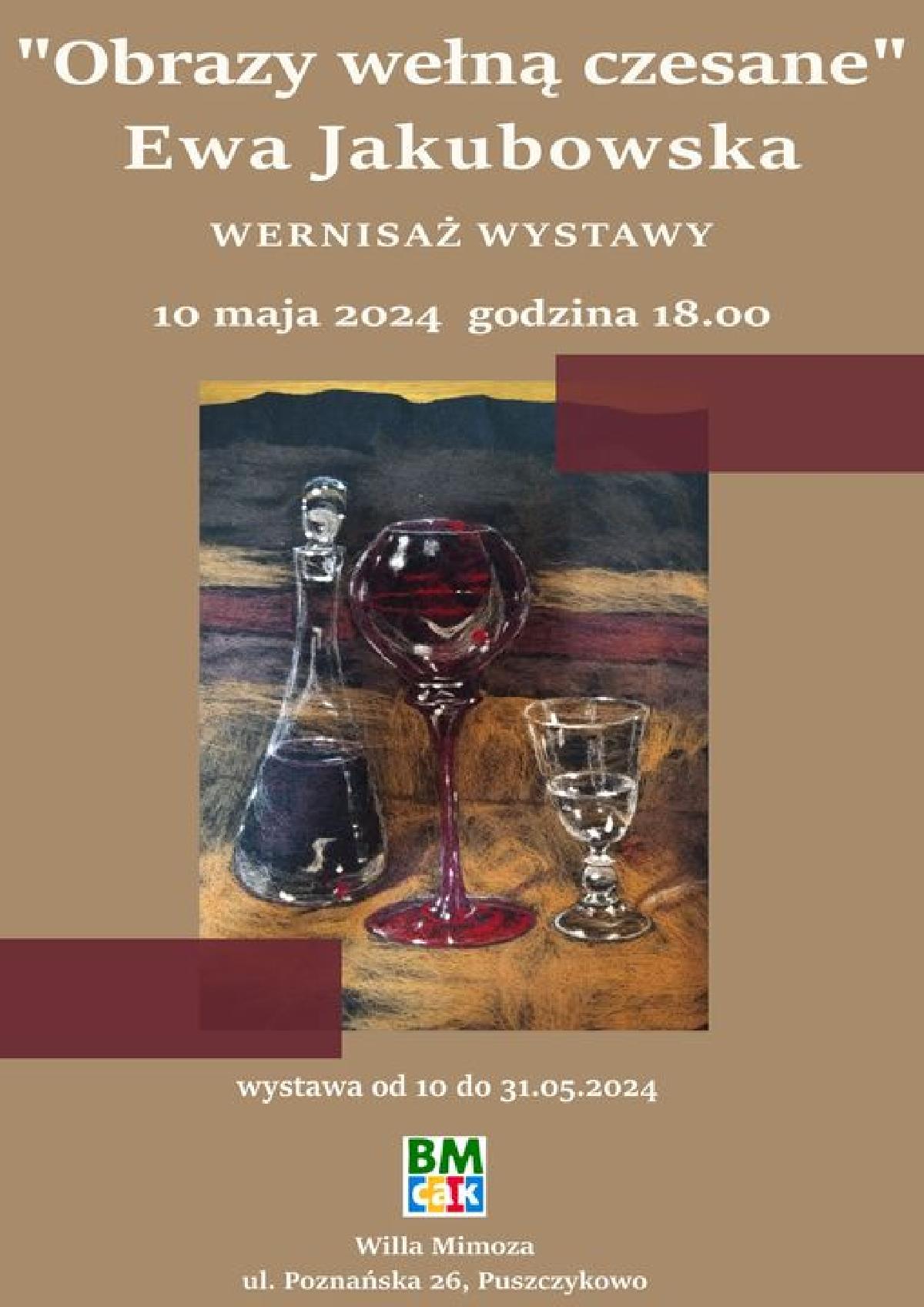 plakat reklamajucy wydarzenie - na stole karafka i dwa kieliszki, rozlane wino